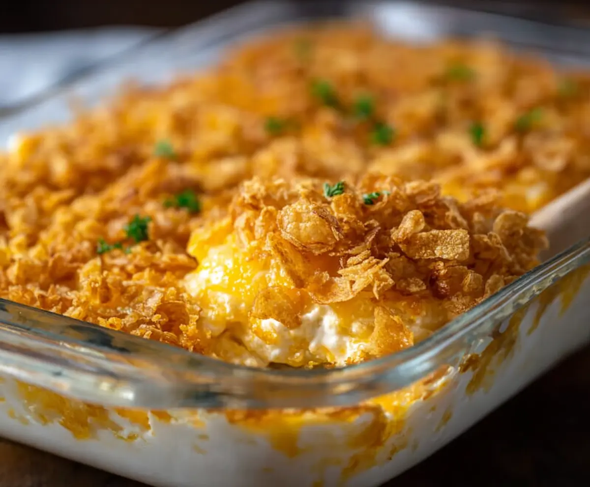 Delicious Cheesy Funeral Potatoes casserole topped with melted cheese and crispy edges.