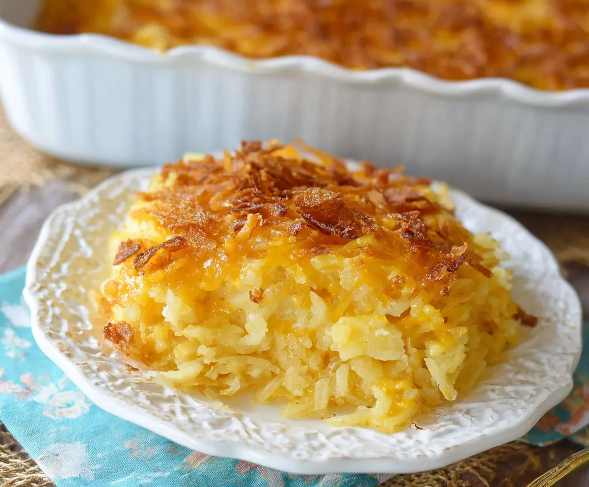 Delicious cheesy hashbrown casserole topped with golden cheese and crispy edges, perfect for breakfast or brunch.