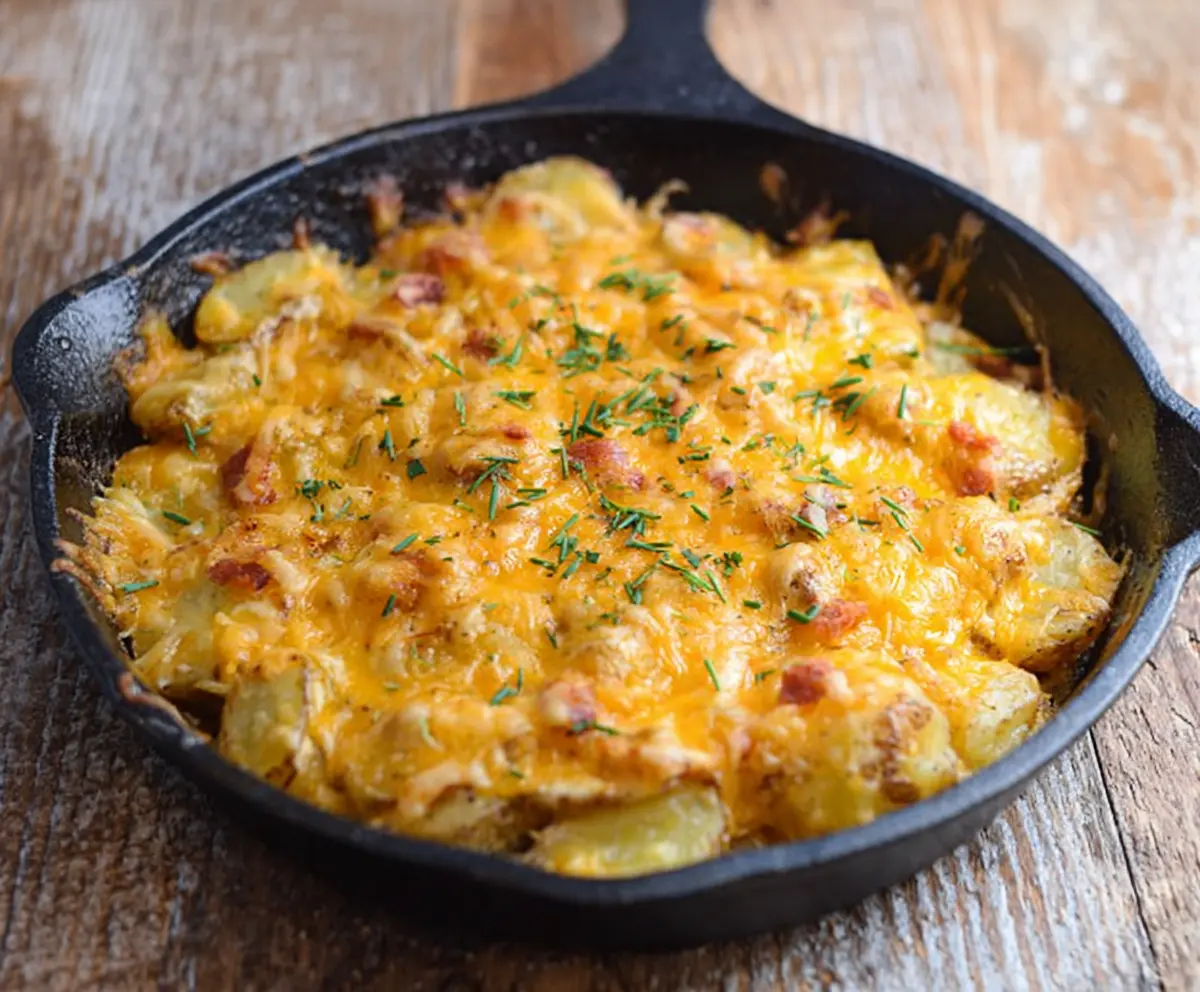 Delicious cheesy potato skillet in a cast iron pan with melted cheese and crispy potatoes