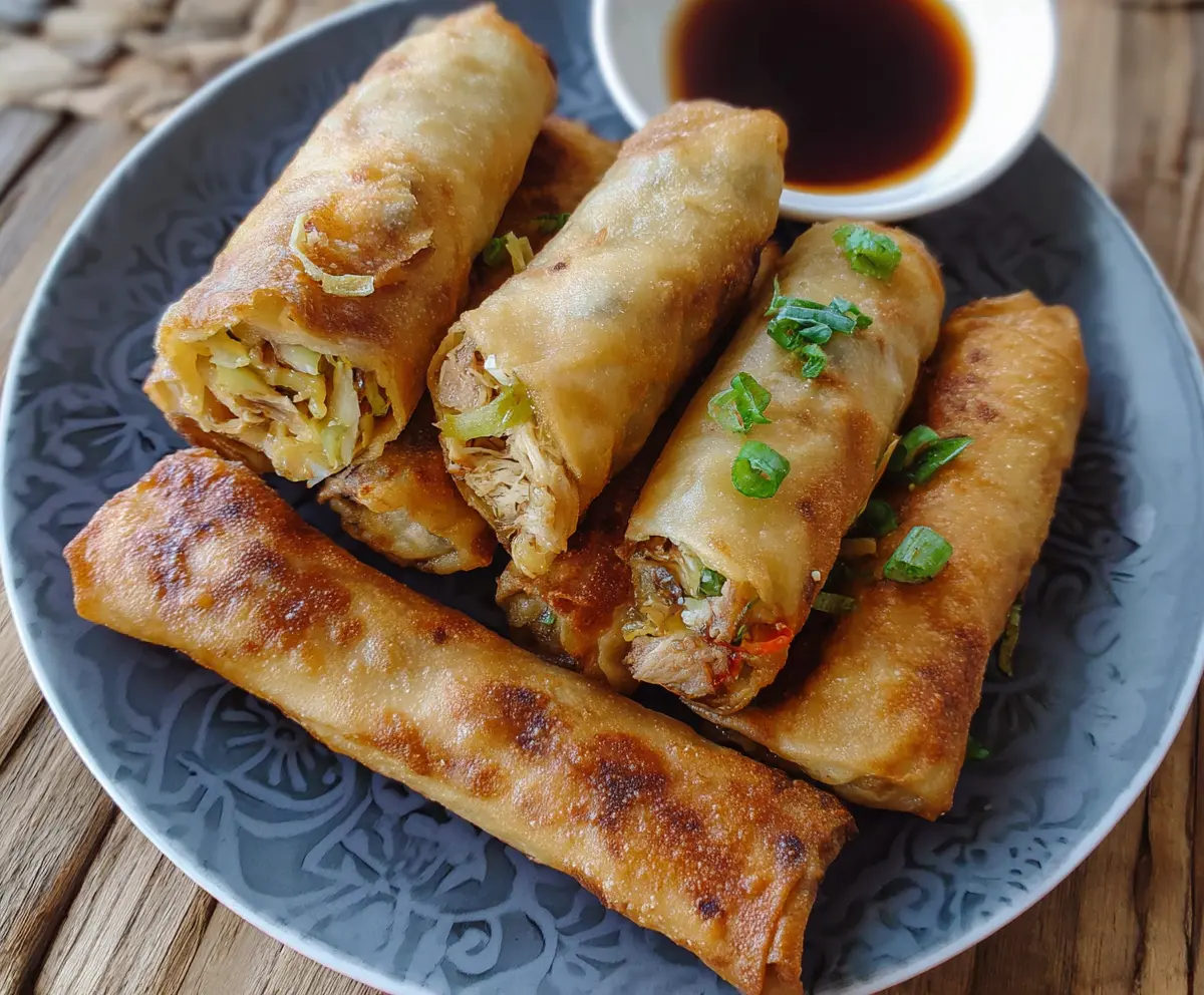 Crispy Chicken Lumpia served with sweet dipping sauce on a plate.