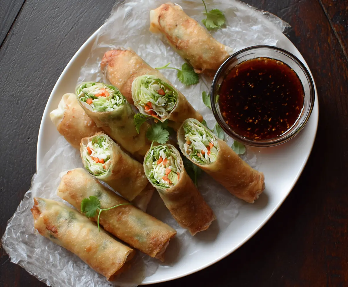 Fresh chicken vegetable spring rolls with colorful vegetables and crispy exterior.