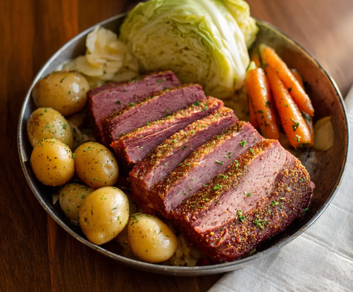 Delicious savory corned beef with tender cabbage on a rustic plate for St. Patrick's Day dinner.