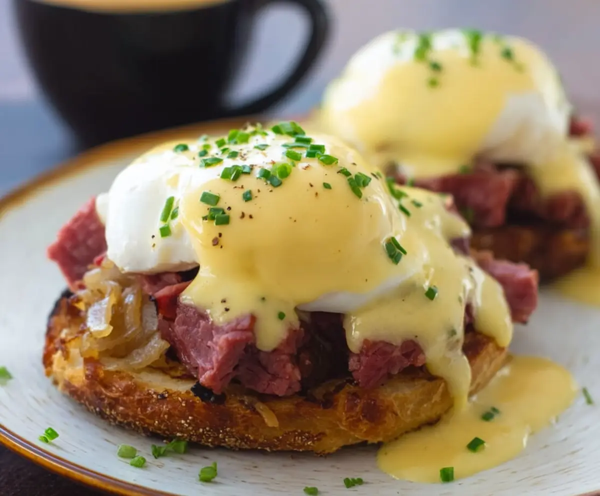 Delicious Corned Beef Hash Eggs Benedict served with rich hollandaise sauce and crispy hash browns.