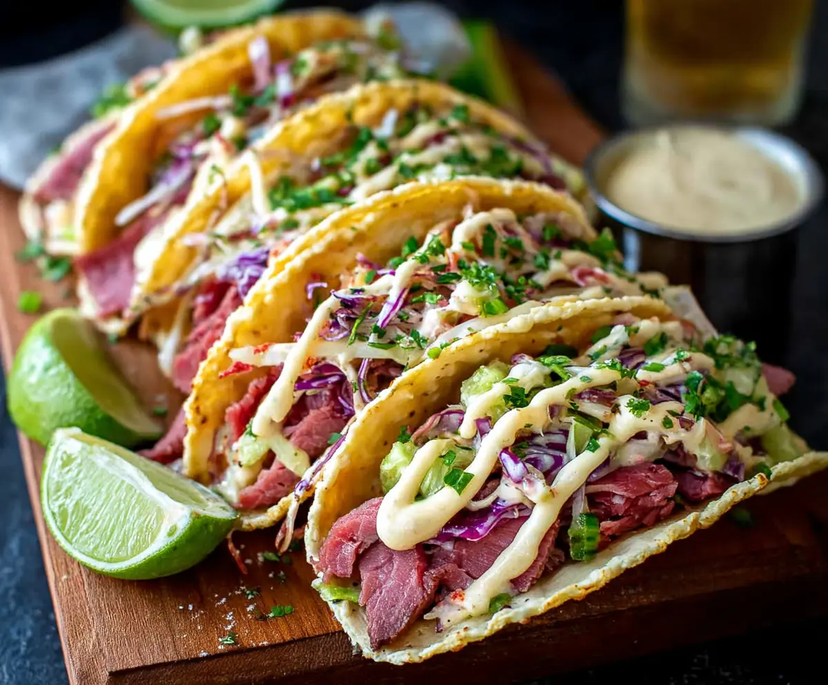 Delicious Corned Beef Tacos with fresh toppings and vibrant colors.