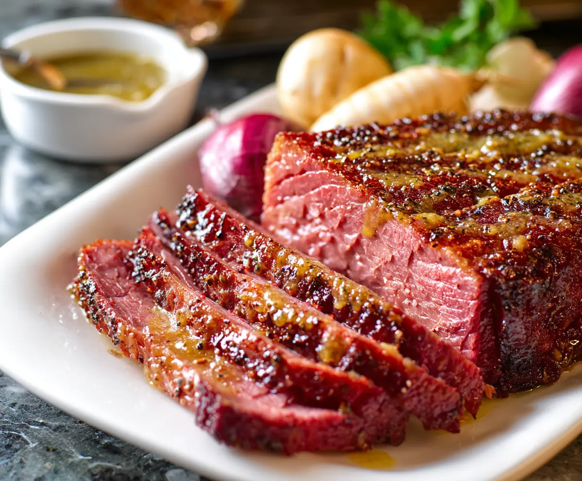Delicious corned beef with a glossy mustard glaze served on a plate.