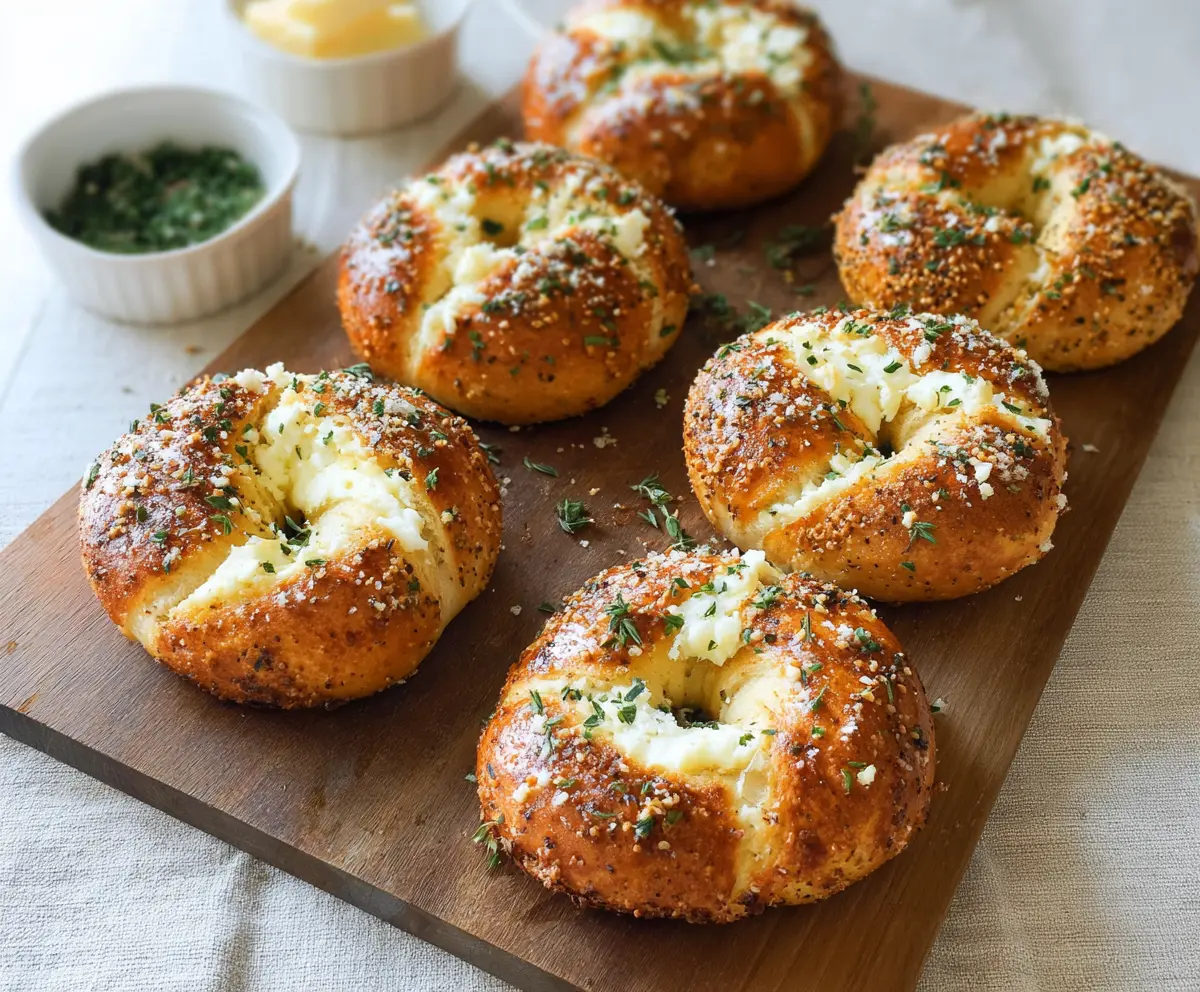 Cream cheese stuffed garlic bagels baked to perfection with a golden crust and a creamy filling.