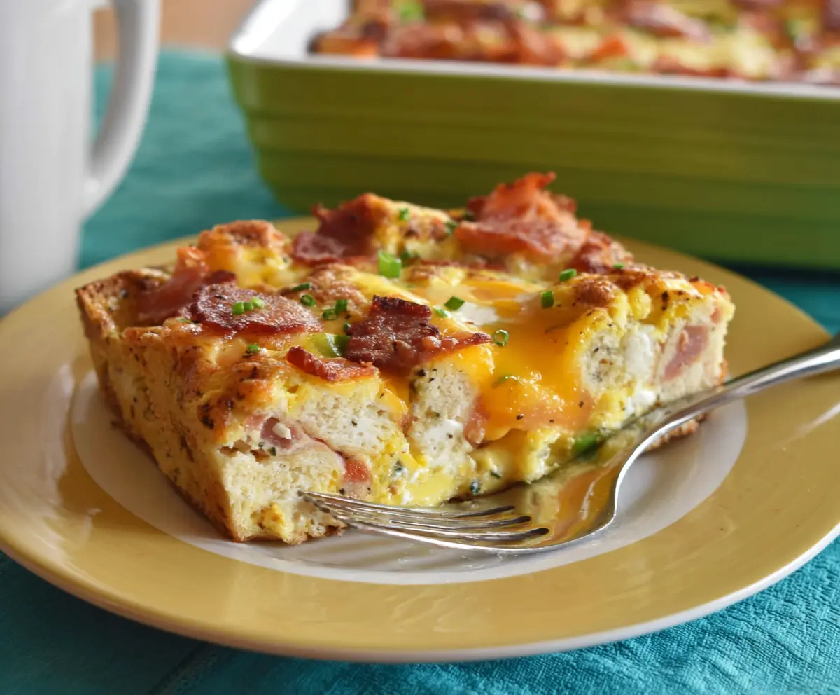 Easter Breakfast Casserole with eggs, cheese, and vegetables in a baking dish for a festive holiday brunch