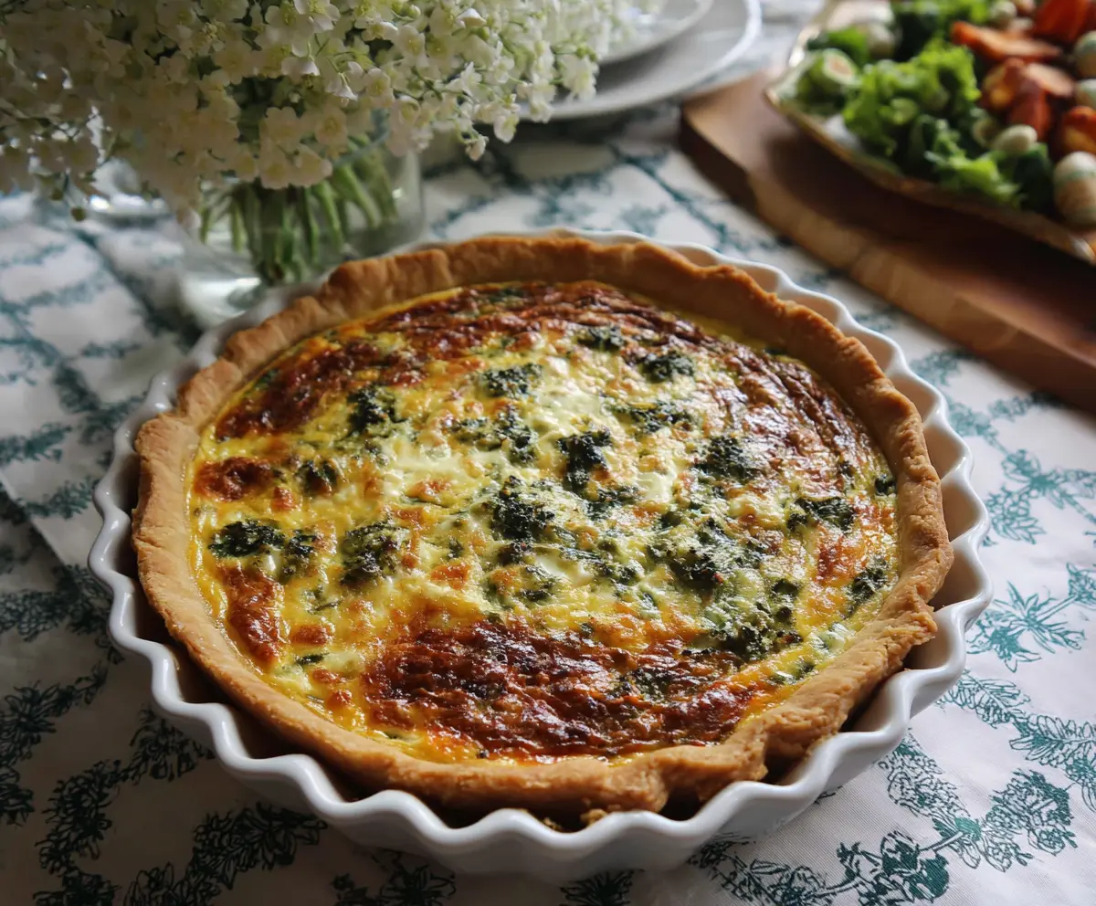Delicious Easter brunch quiche with fresh vegetables and cheesy crust on a festive table
