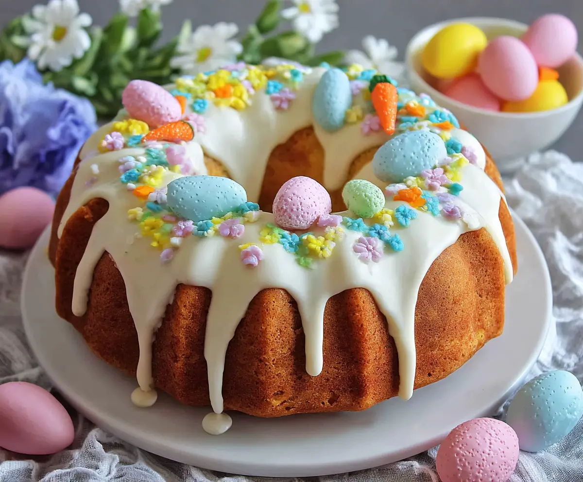 Delicious Easter Bundt Cake decorated with colorful icing and festive sprinkles, perfect for spring celebrations.