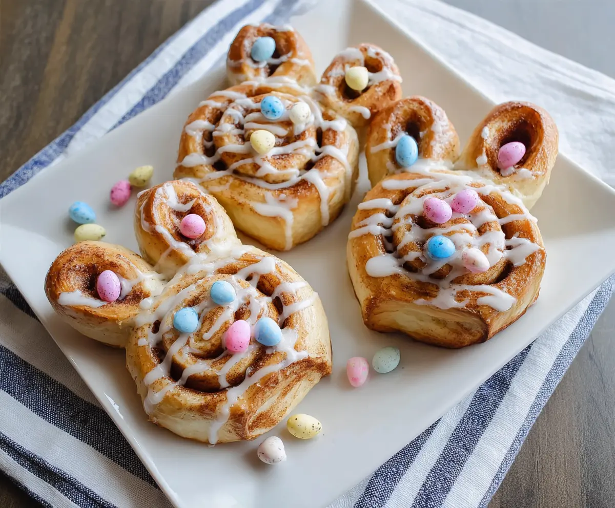 Delicious Easter Bunny Cinnamon Rolls with sweet icing and festive decorations for spring celebration