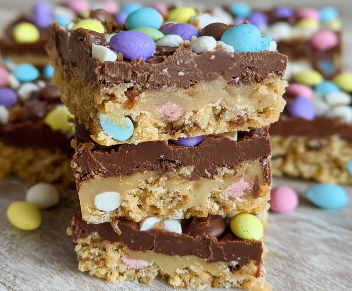 Delicious homemade Easter Goody Bars with colorful candies and chocolate layers.