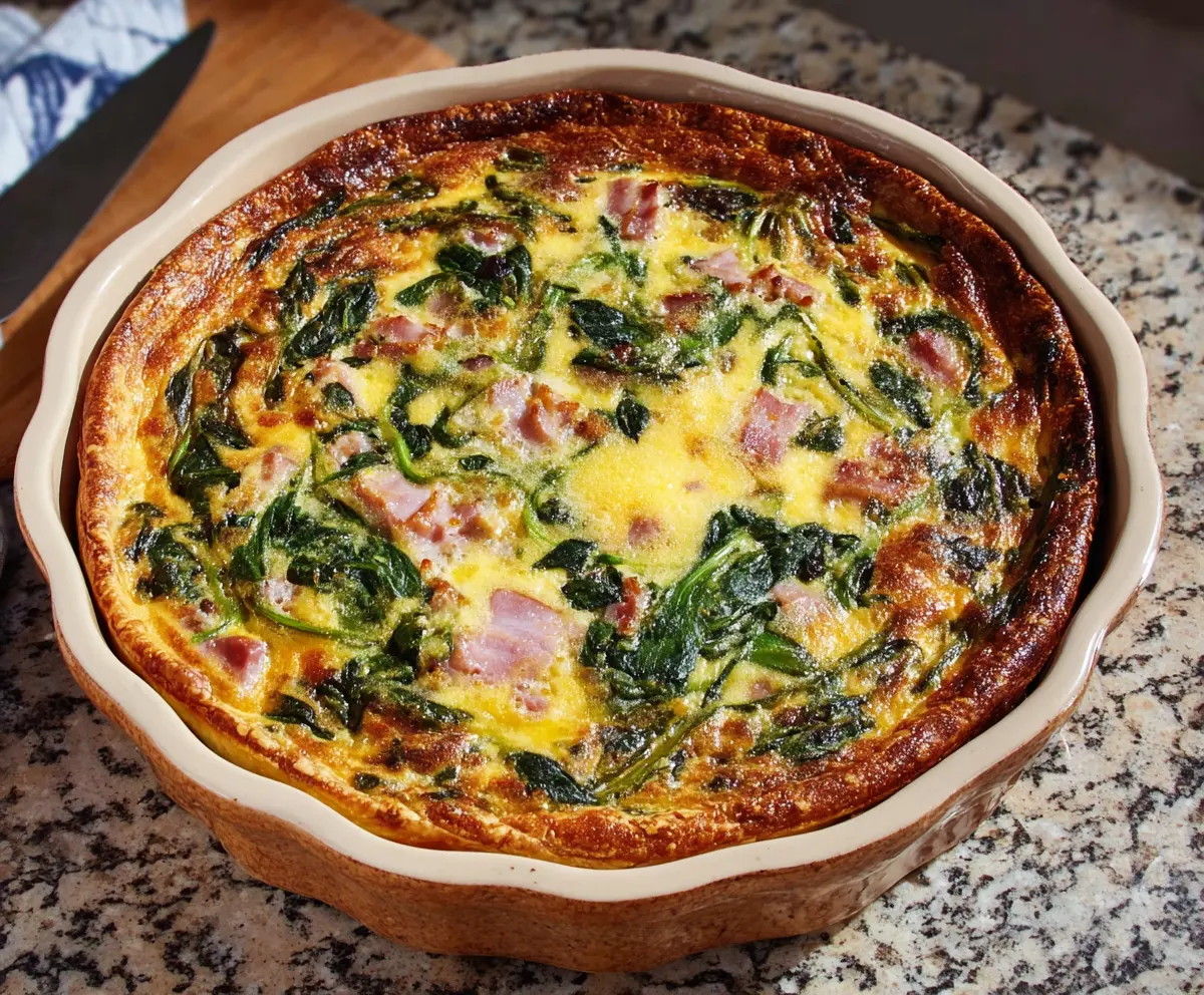 Delicious Easter Ham and Spinach Quiche with golden crust served on a plate.