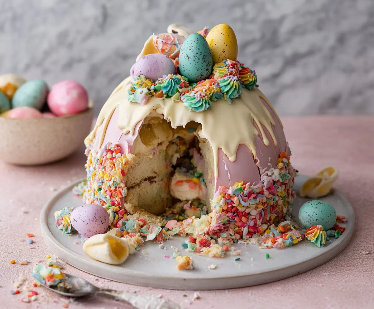 Delicious Epic Easter Egg Smash Cake with vibrant colors and festive decorations for celebrating Easter.