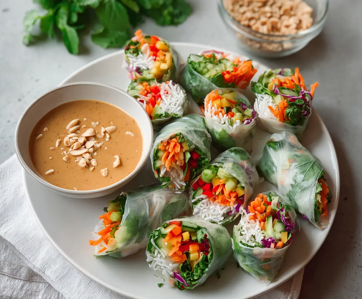 Delicious fresh spring rolls filled with vegetables and served with creamy peanut dipping sauce.