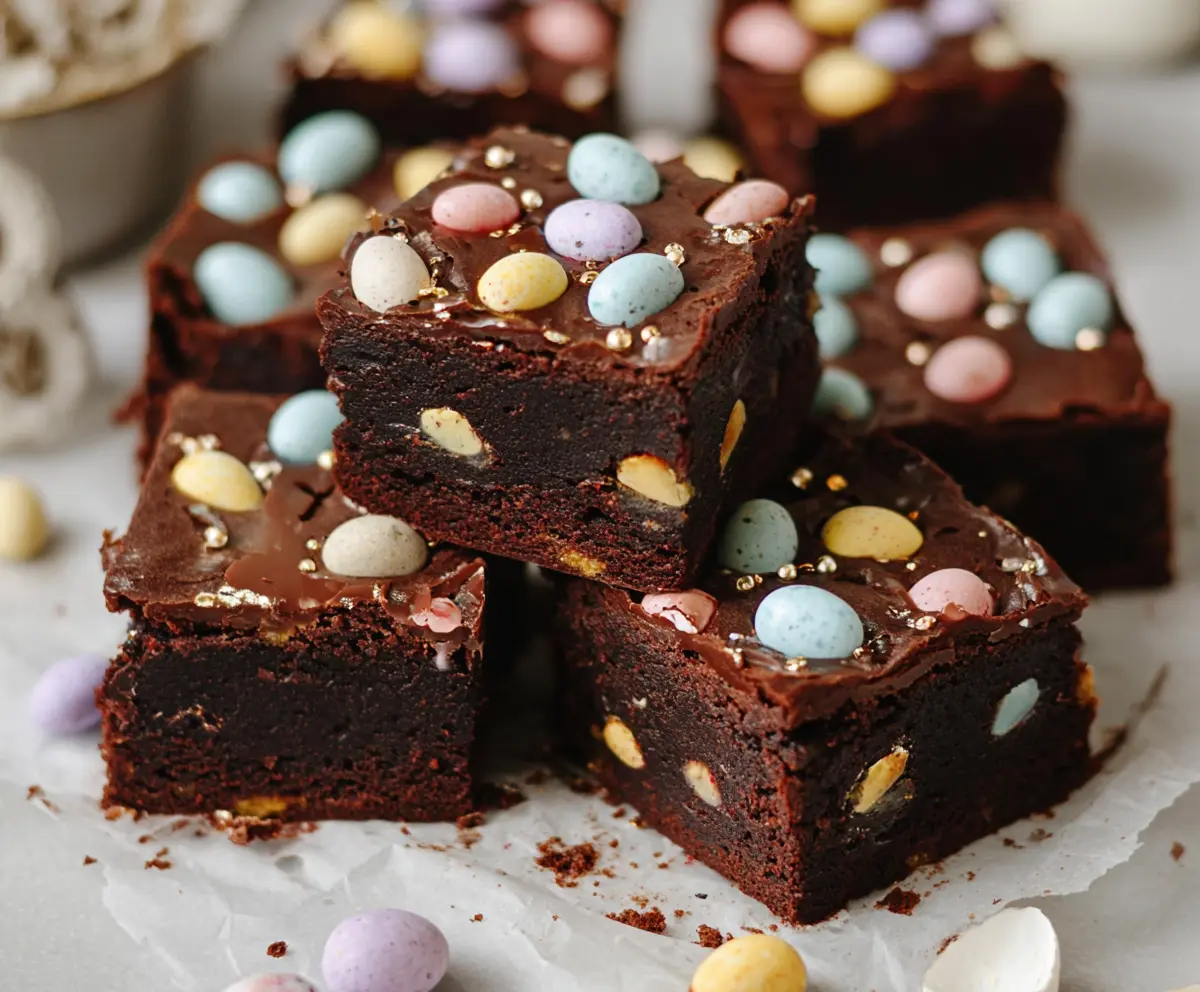 Delicious Frosted Mini Egg Easter Brownies with colorful toppings on a plate