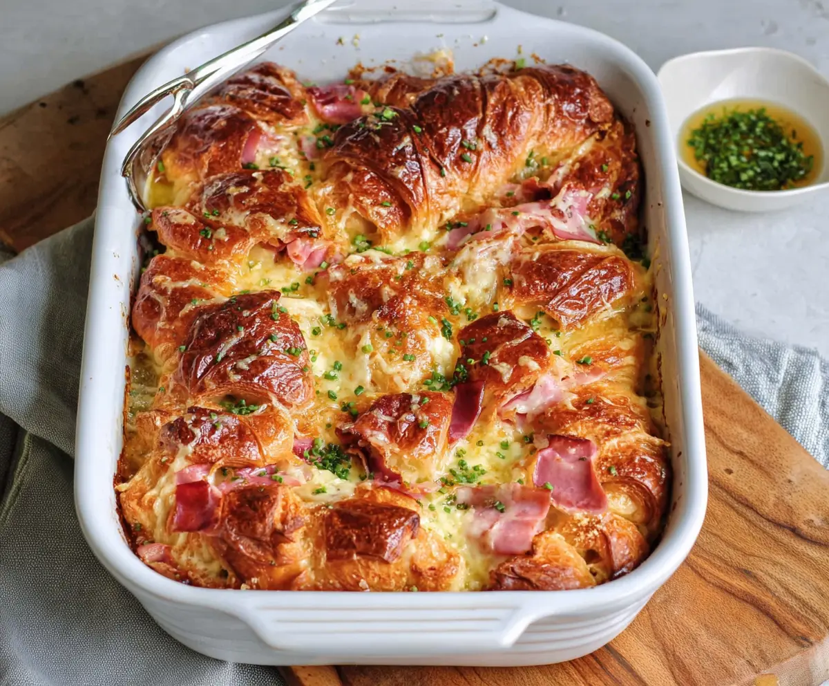Delicious Ham and Cheese Croissant Brunch Bake served with fresh herbs