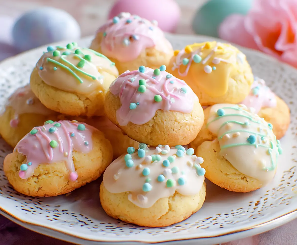 Traditional Italian Easter cookies decorated with colorful sprinkles and icing, perfect for celebrating spring holidays.