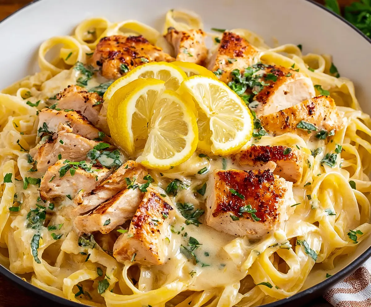Delicious lemon chicken pasta with fresh herbs served on a white plate.