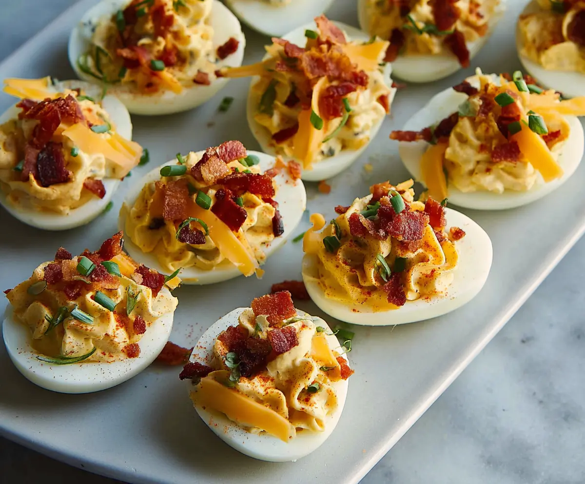 Loaded deviled eggs topped with crispy bacon and chopped chives, perfect for party appetizers.