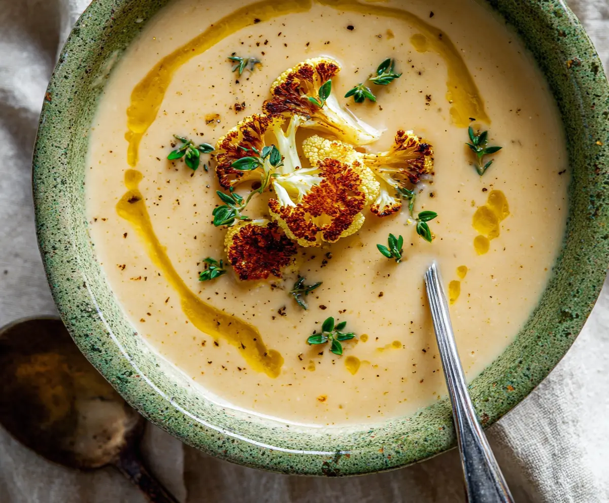Creamy Mediterranean Cauliflower Soup garnished with fresh herbs and lemon slices, served in a rustic bowl.