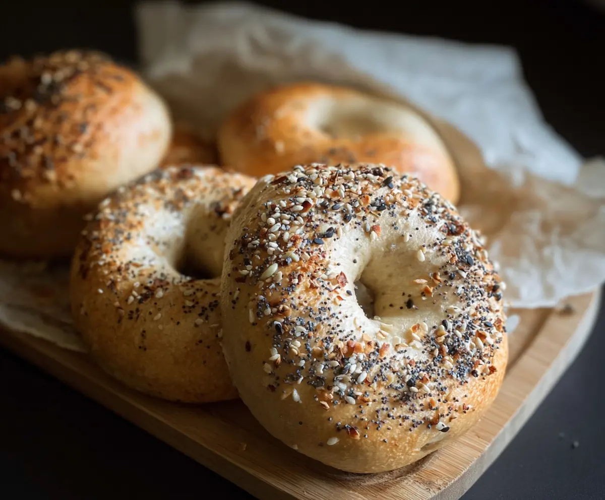 Close-up of freshly baked New York Style Sourdough Discard Bagels on a wooden board