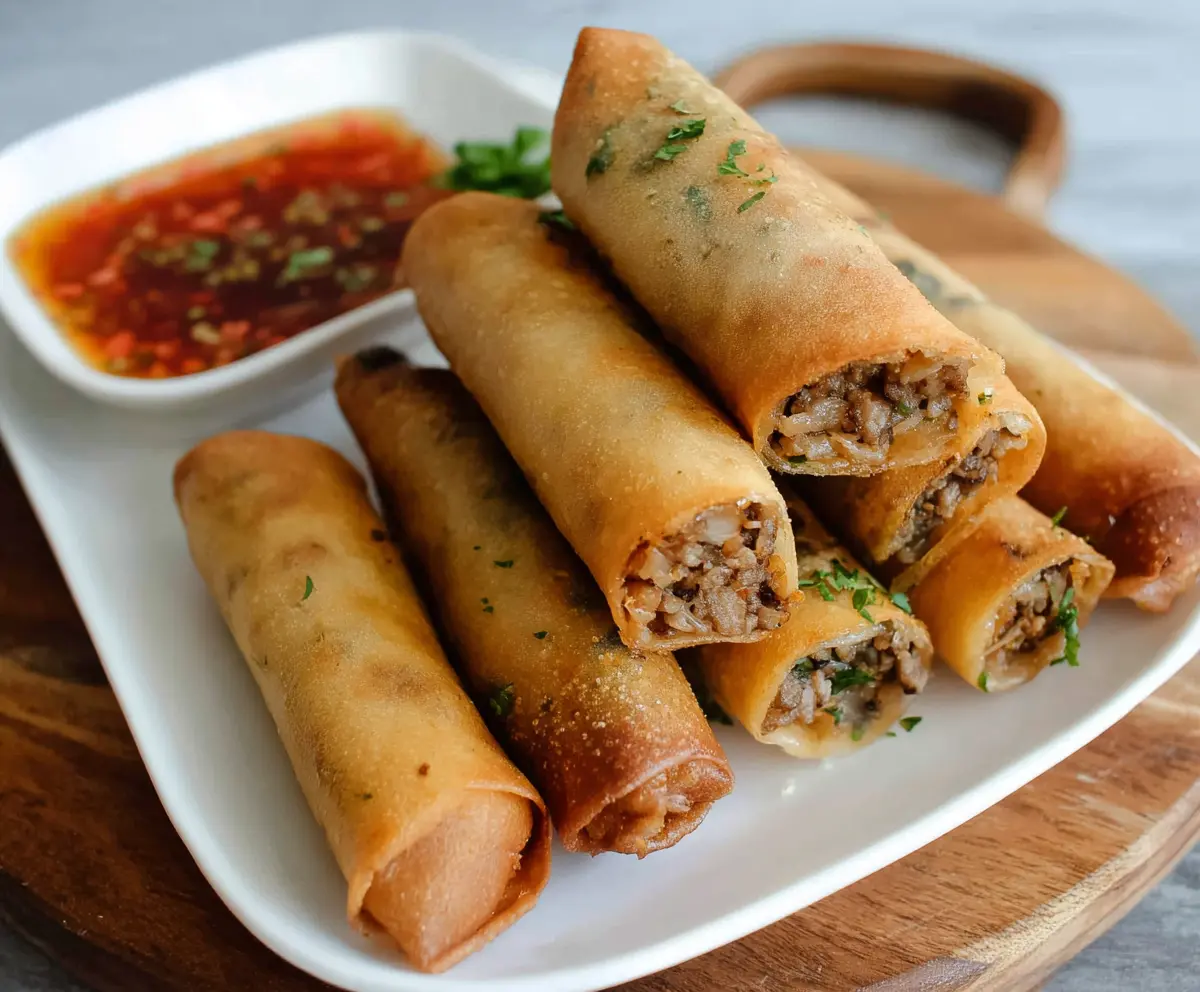 Crispy pork lumpia served as a delicious Filipino appetizer on a plate garnished with herbs.