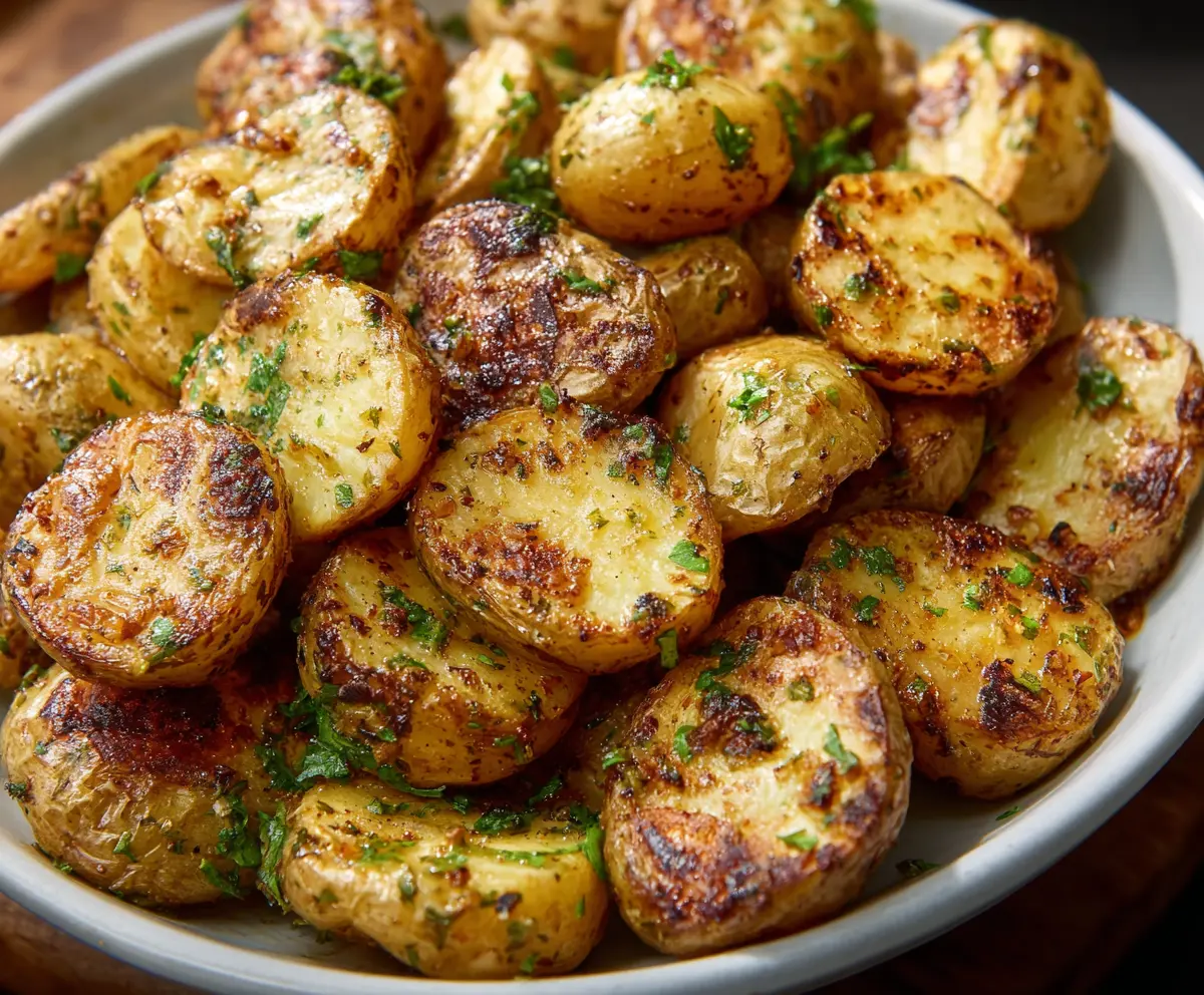Delicious crispy ranch potatoes garnished with fresh herbs, perfect as a savory side dish.