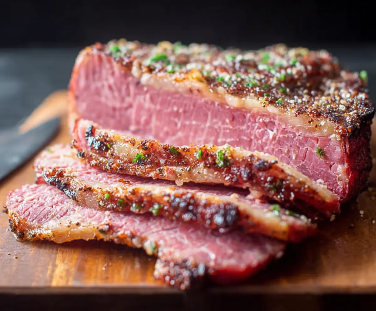 Juicy roasted corned beef served with crispy vegetables on a platter.
