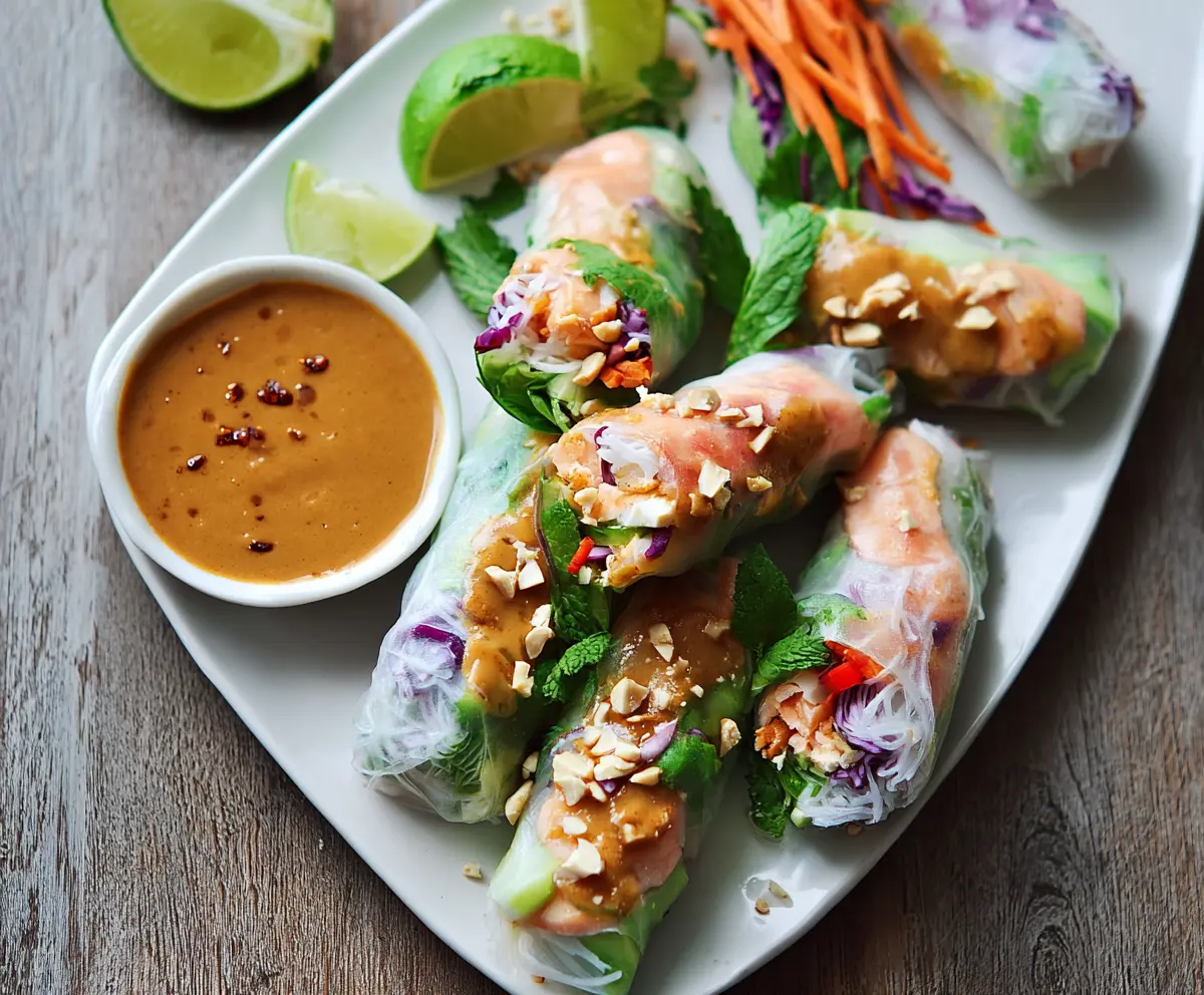 Fresh salmon spring rolls filled with vegetables served with rich peanut sauce.