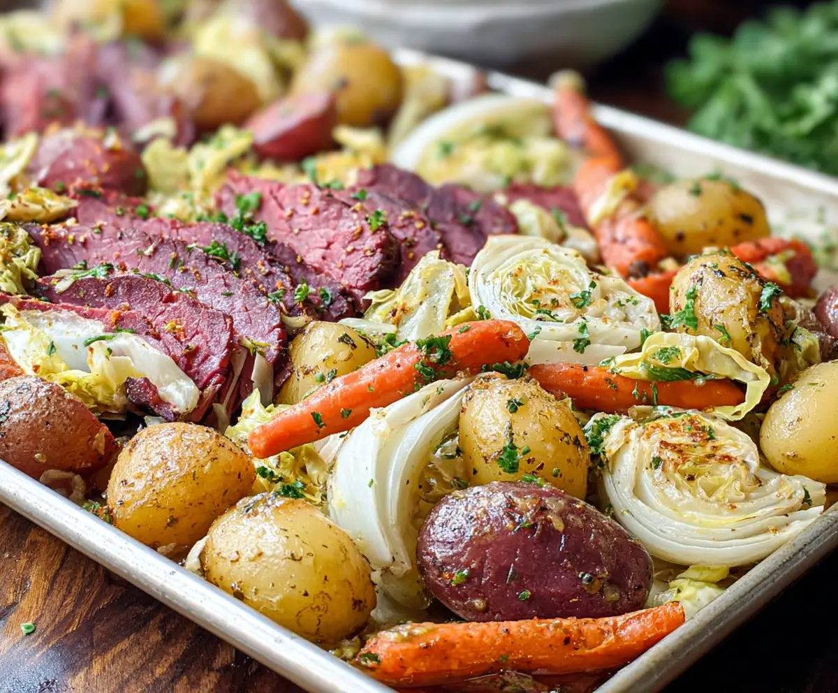 Delicious sheet pan corned beef and cabbage ready for serving