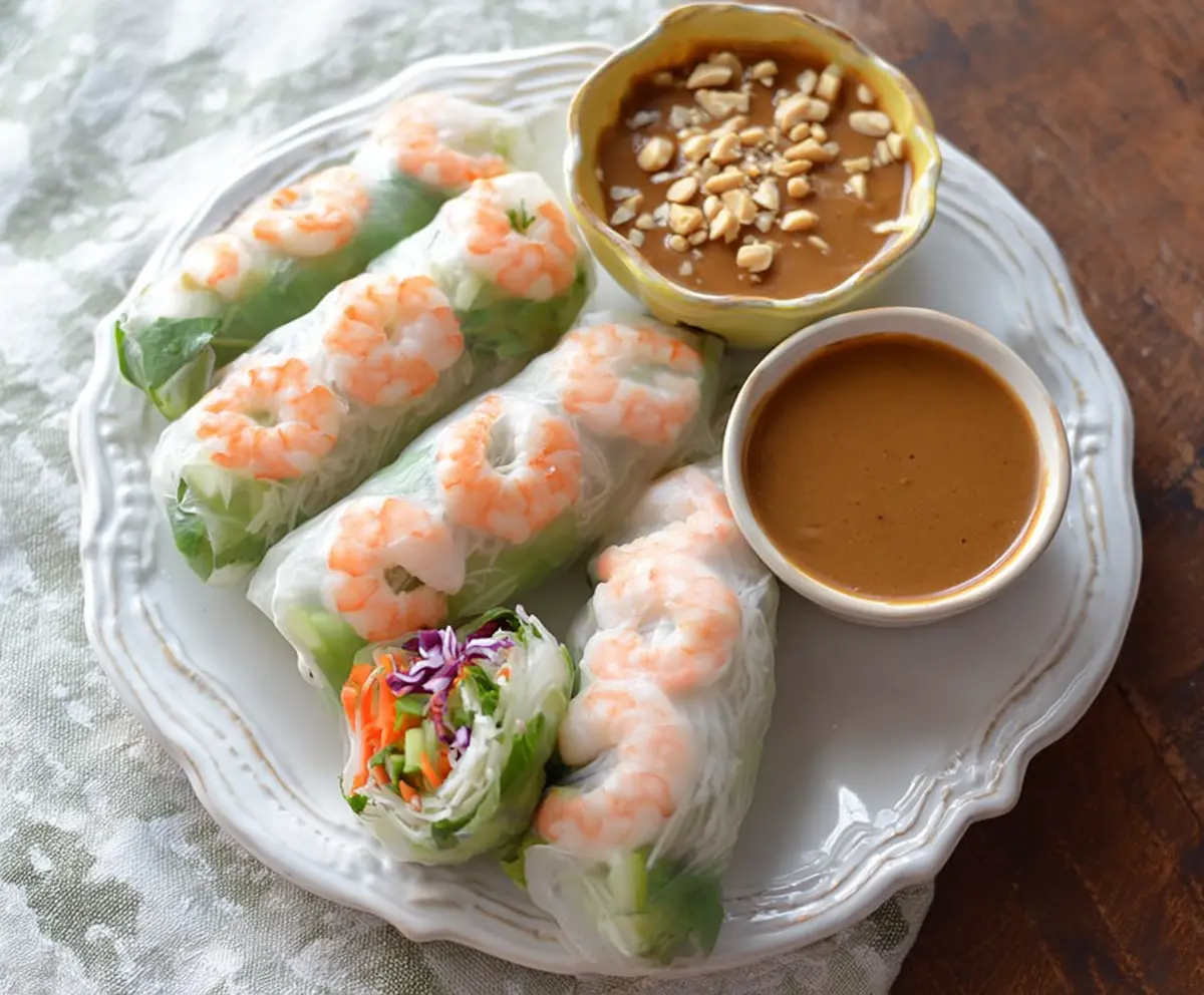 Fresh shrimp spring rolls with vibrant vegetables served with creamy peanut dipping sauce.