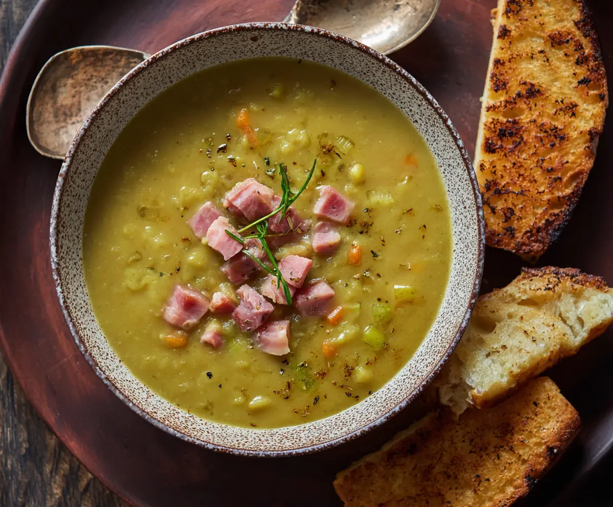 Hearty split pea soup with ham bone served in a bowl for a nutritious meal.