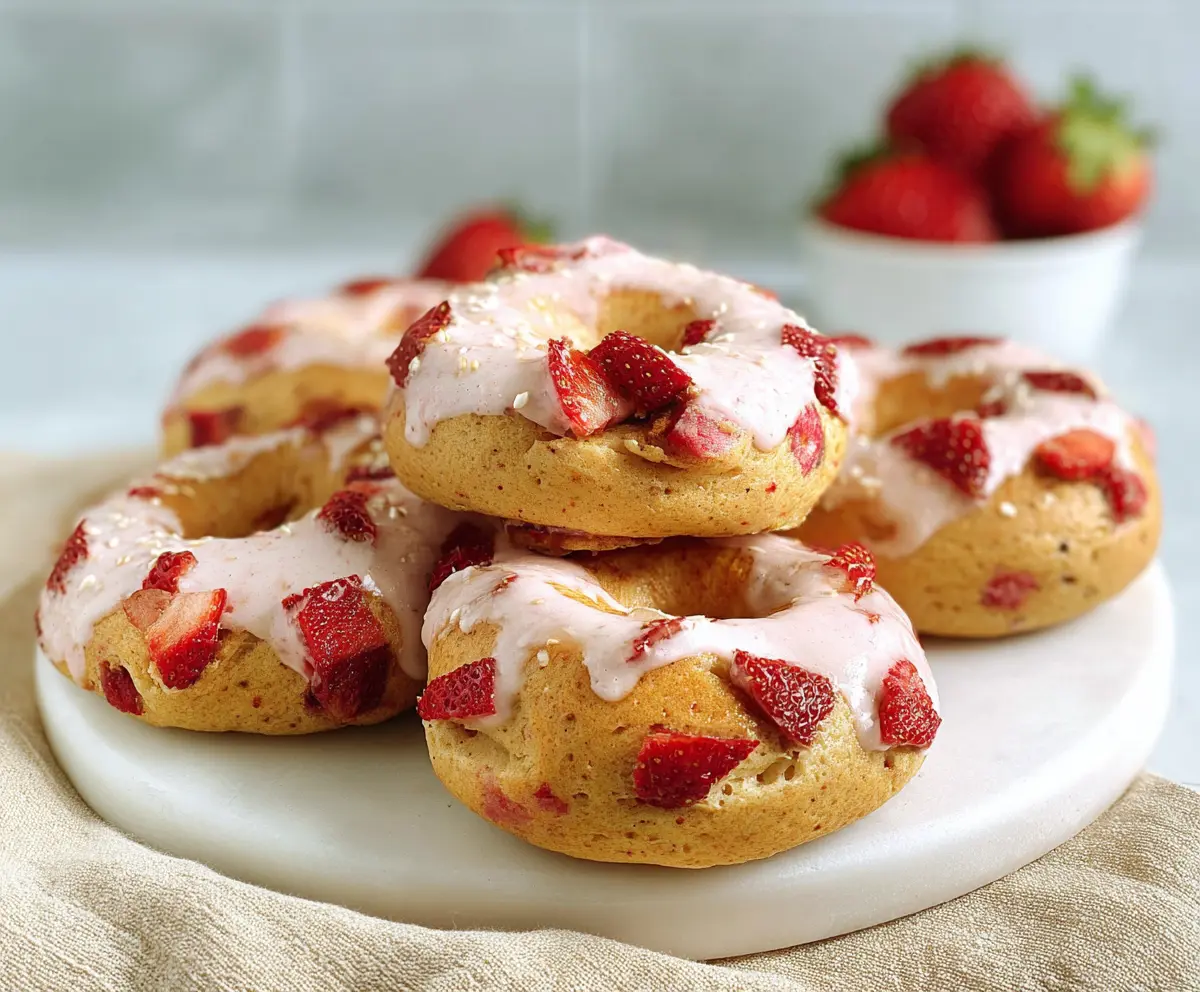 Fresh strawberry bagels topped with sliced strawberries and cream cheese for a delicious breakfast.