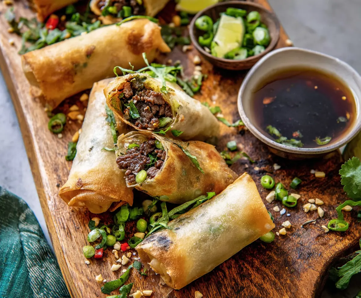 Fresh Thai beef spring rolls filled with herbs and vegetables, served with a dipping sauce.