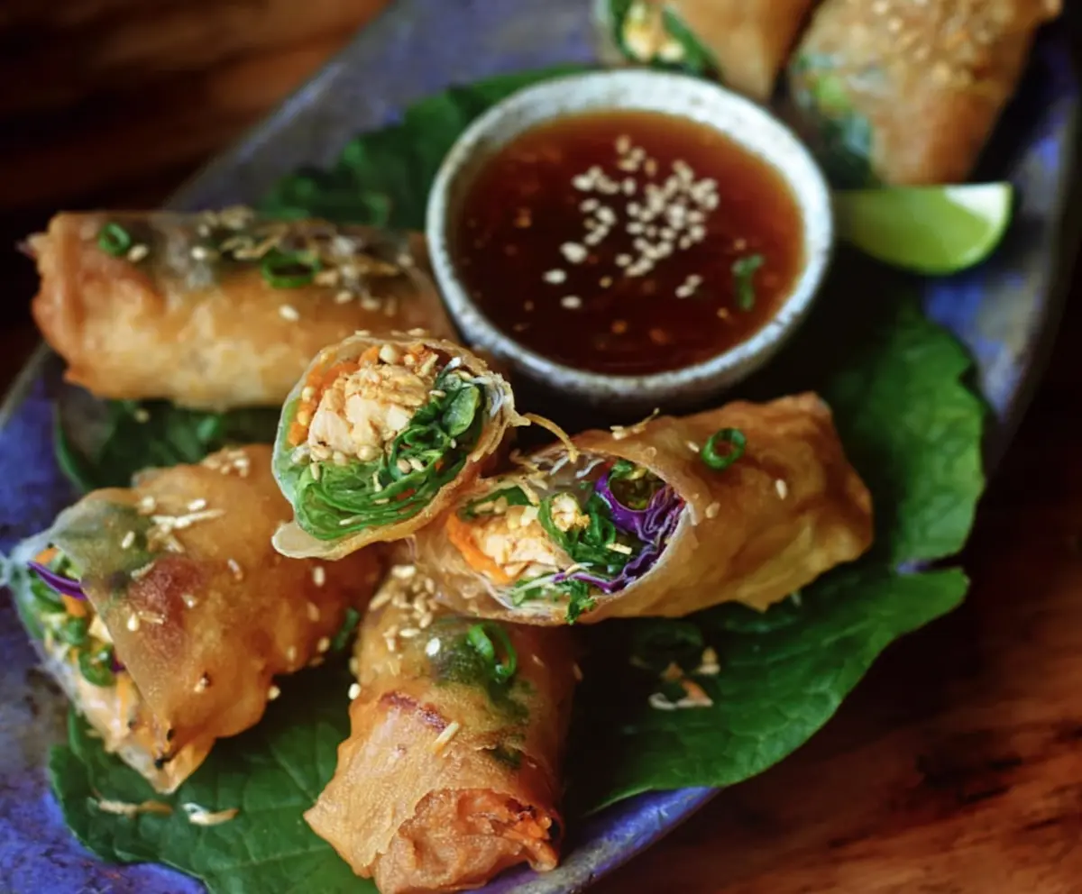 Fresh turmeric sesame chicken spring rolls with vibrant colors and healthy ingredients.