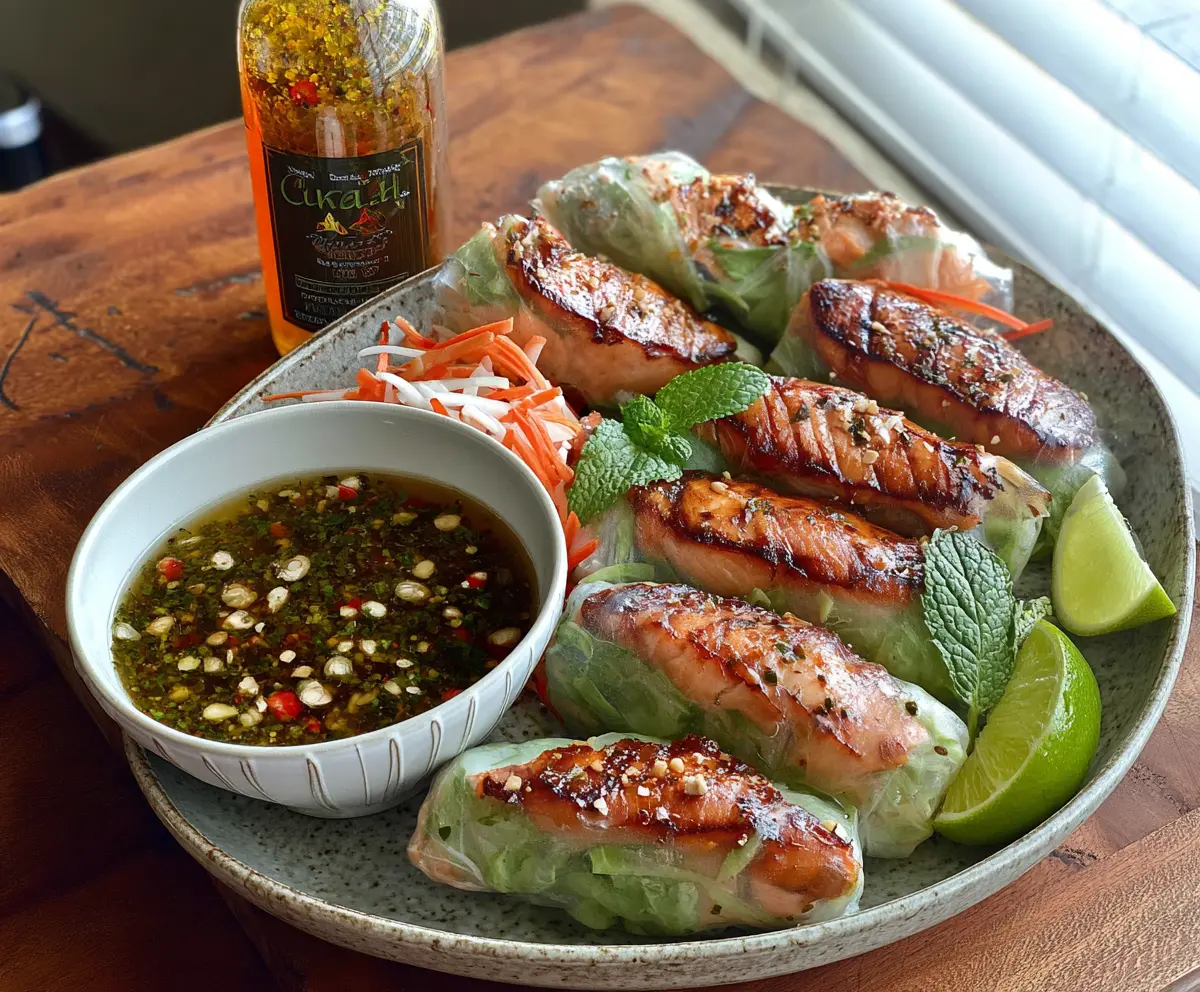 Vietnamese baked salmon spring rolls garnished with fresh herbs and served with dipping sauce.