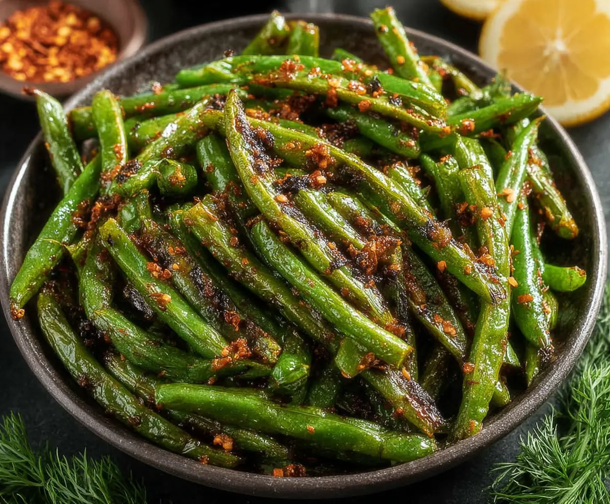 Delicious blackened green beans garnished with herbs, perfect as a healthy side dish.