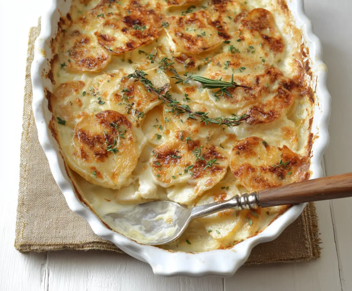 Creamy Boursin cheese scalloped potatoes sliced and baked to perfection.