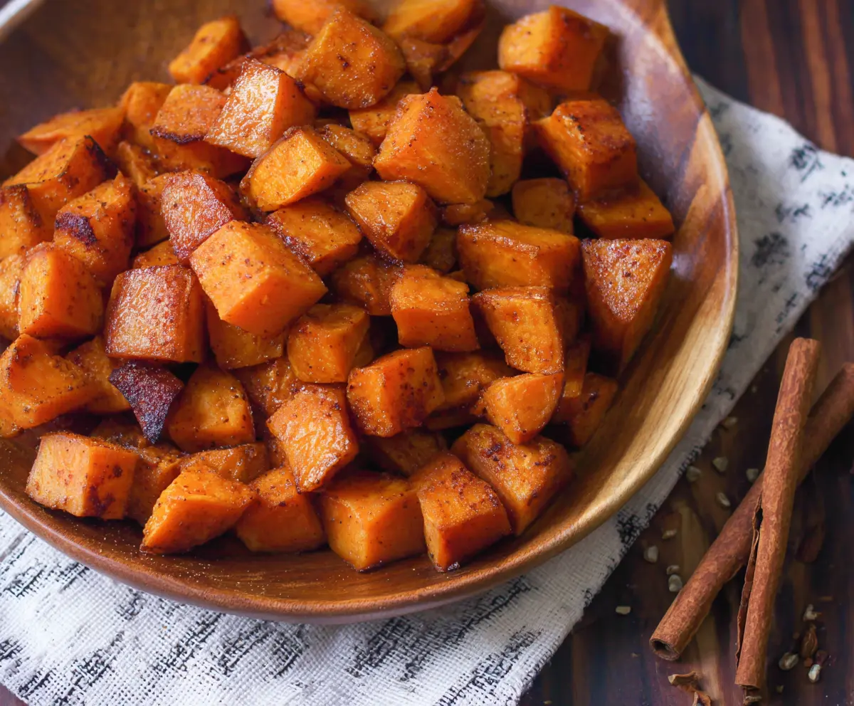 Delicious cinnamon roasted sweet potatoes served on a rustic plate, perfect for a healthy snack or side dish.