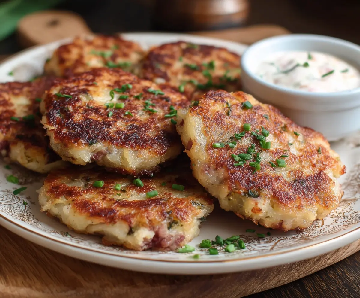 Delicious homemade corned beef and potato cakes served on a plate, perfect for a hearty meal.