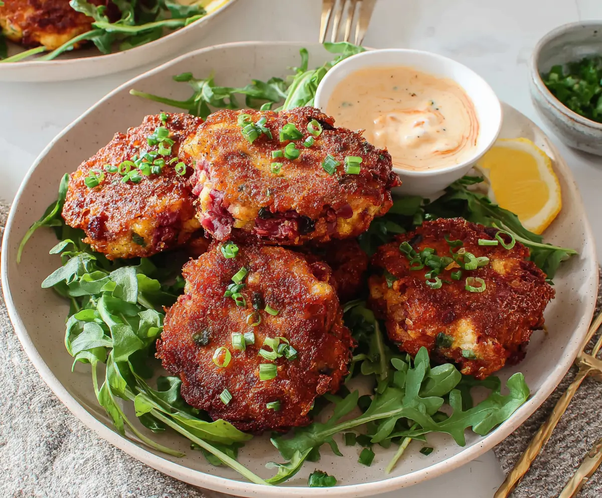 Delicious Corned Beef Fritters served with dipping sauce on a plate.