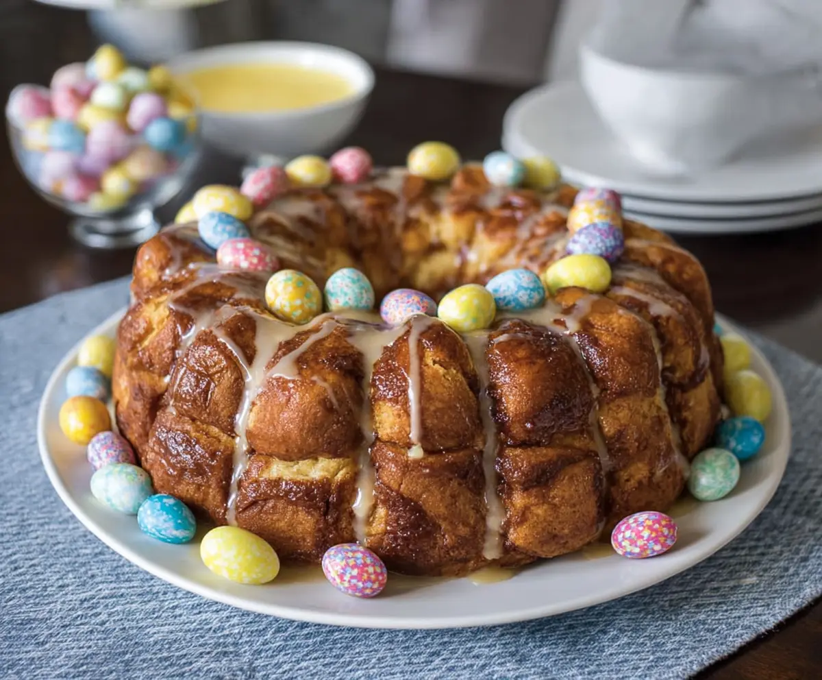 Delicious Easter Brunch Monkey Bread topped with glaze and fresh fruit on a festive table.