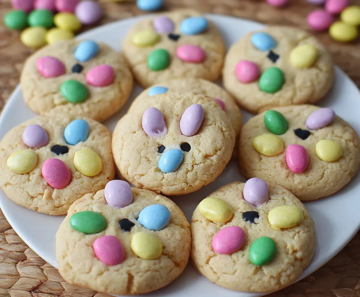 Delicious Easter Bunny M&M's Cookies with colorful candies and festive decoration.