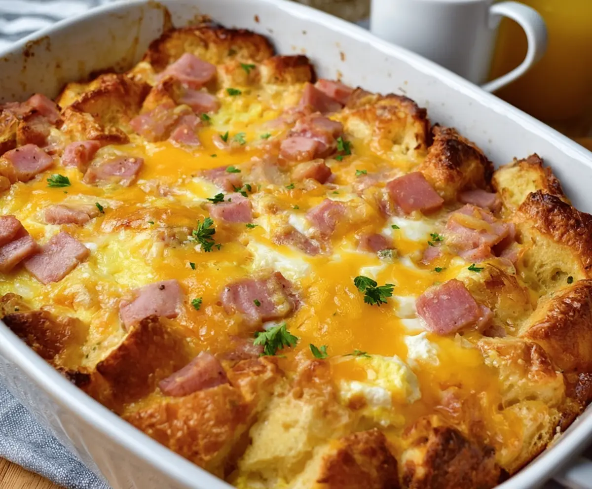Delicious Easter Cheesy Ham and Egg Casserole topped with melted cheese and fresh herbs for a festive brunch.