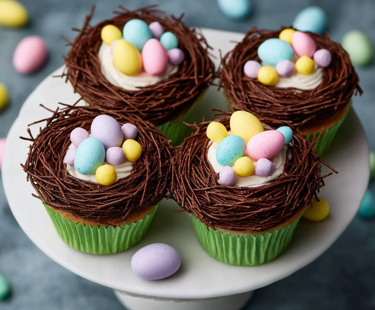 Delicious Easter Egg Nest Cupcakes topped with colorful candies and chocolate, perfect for spring celebrations.