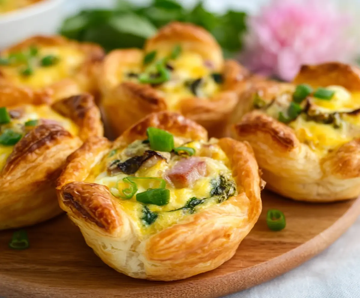 Slices of Easter Puff Pastry Quiche Cups with fresh herbs on a white plate.