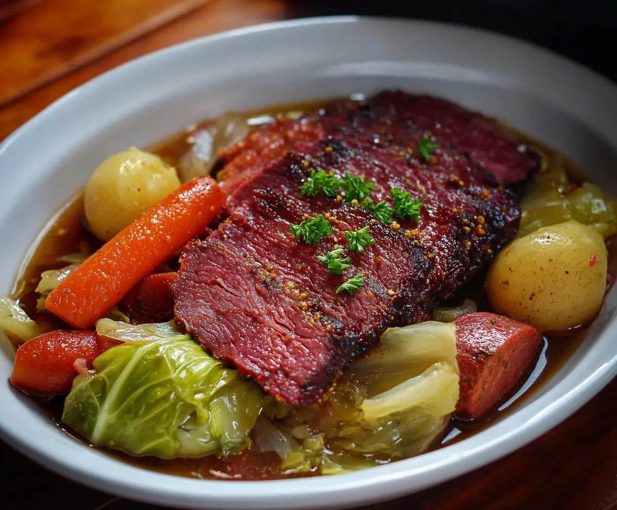 Delicious Guinness braised corned beef served with tender cabbage and potatoes for a hearty Irish meal