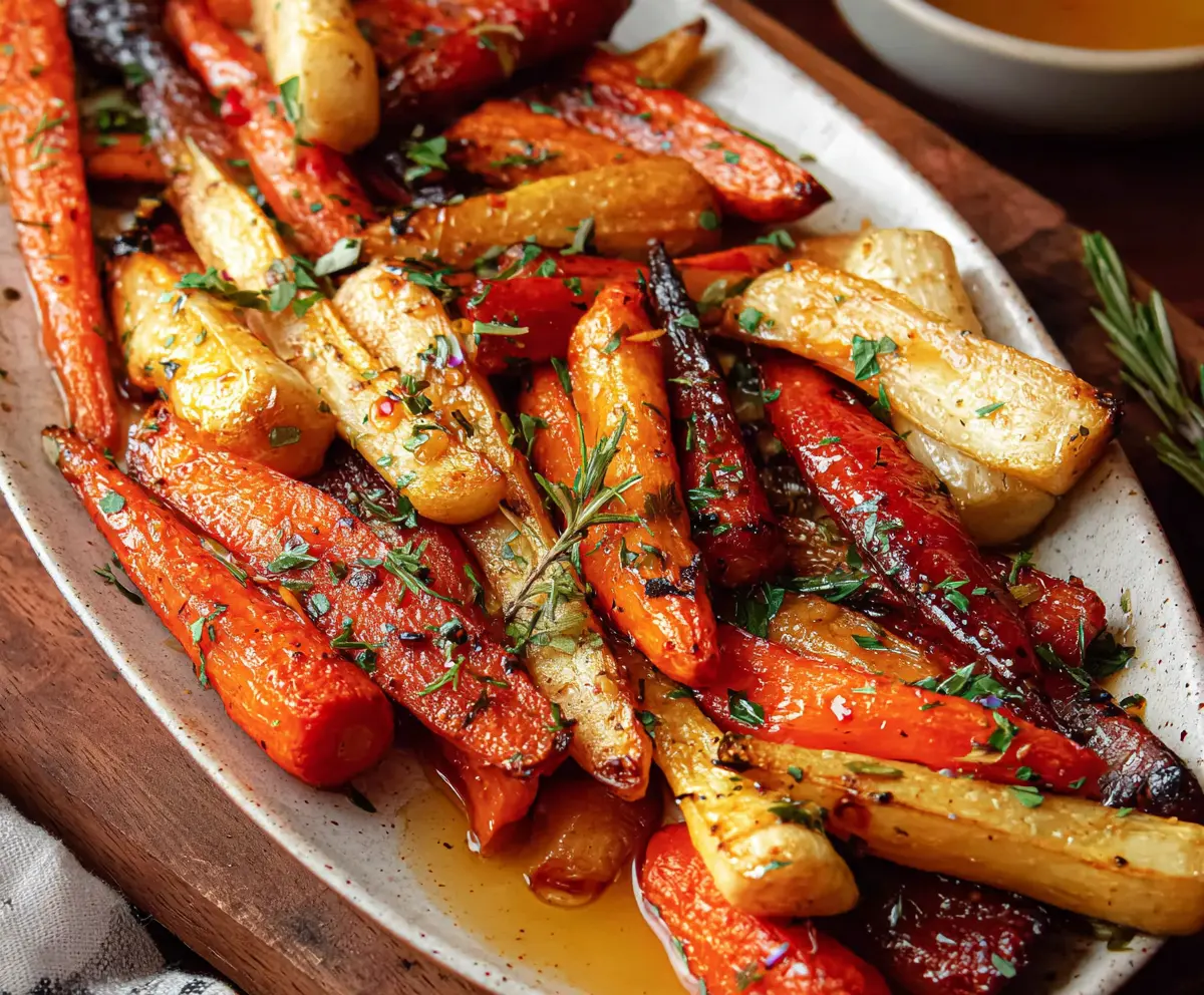 Delicious honey garlic roasted carrots and parsnips served on a rustic plate
