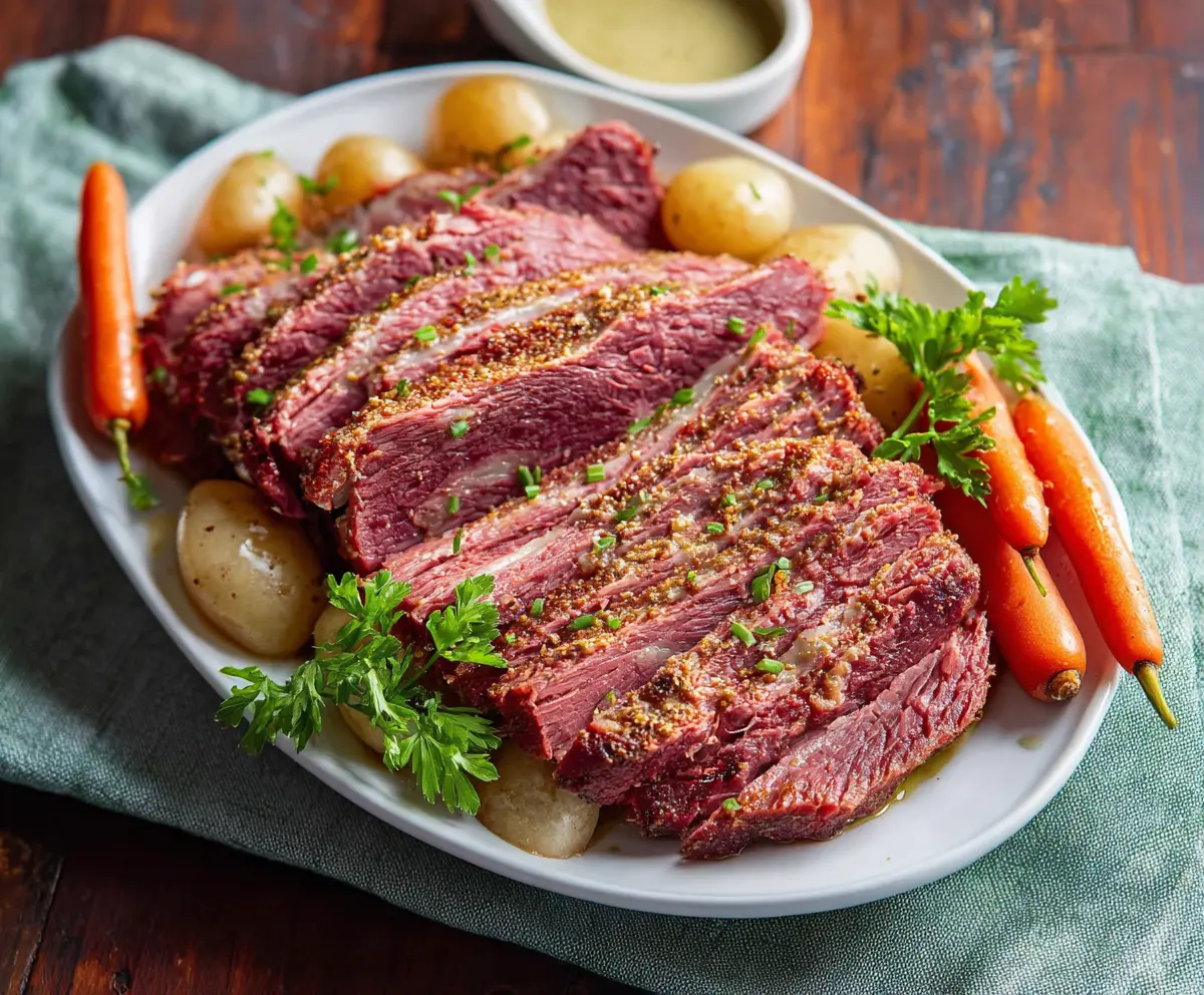 Delicious homemade Instant Pot corned beef brisket with vegetables and spices.