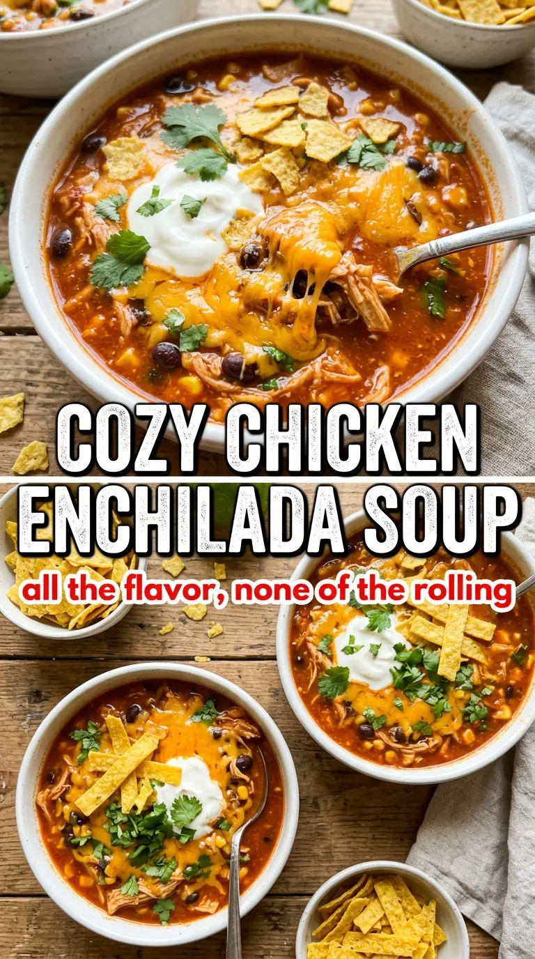 Chicken Enchilada Soup smoky red, hearty, topped